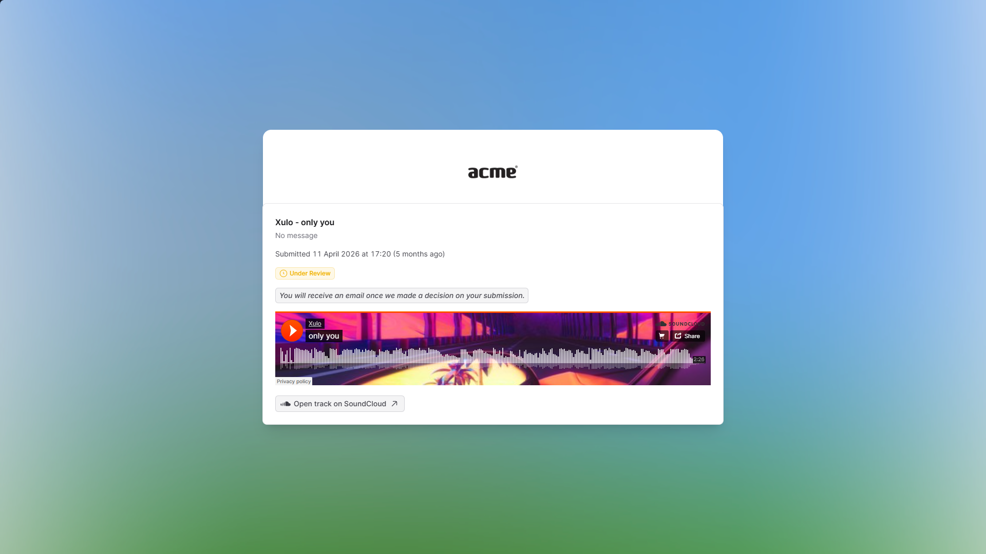 Artist submission status page showing under review