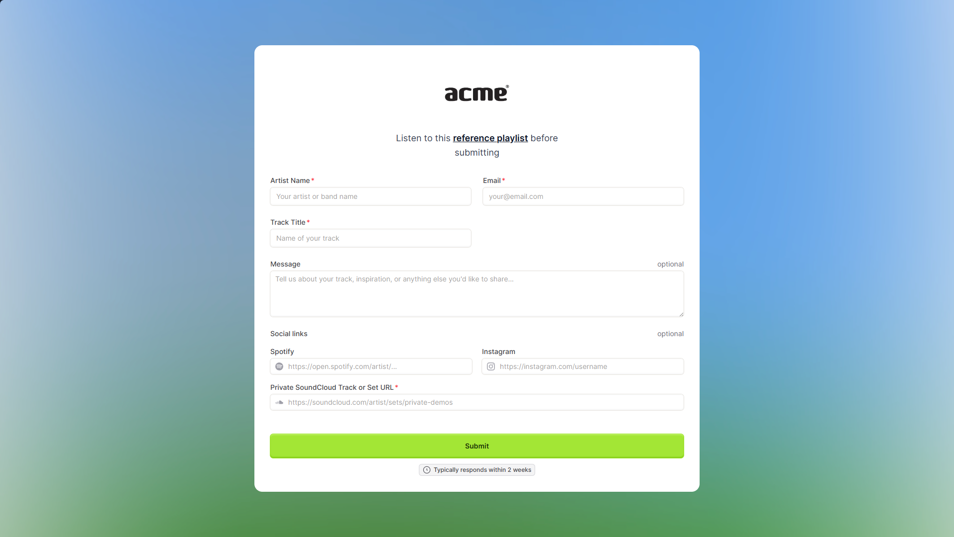 Branded Calmo submission portal with SoundCloud URL field