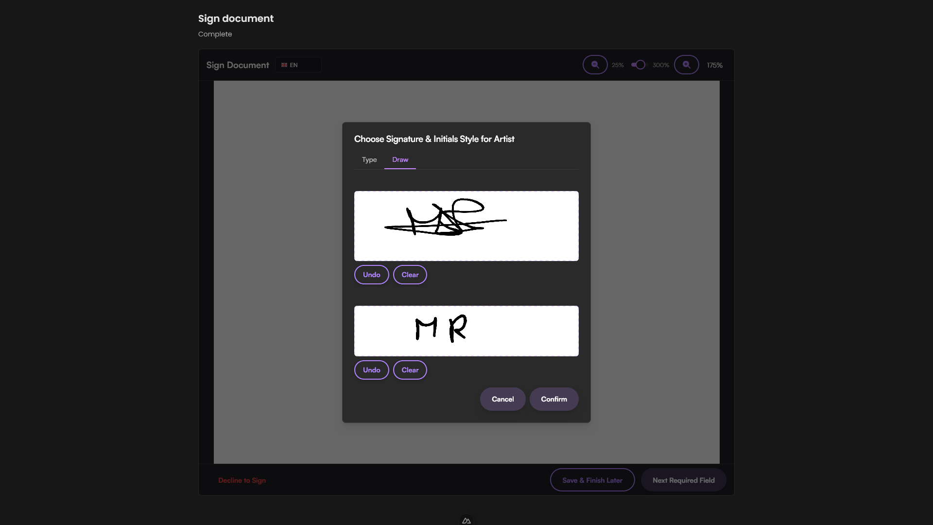 Sign document workflow in Calmo