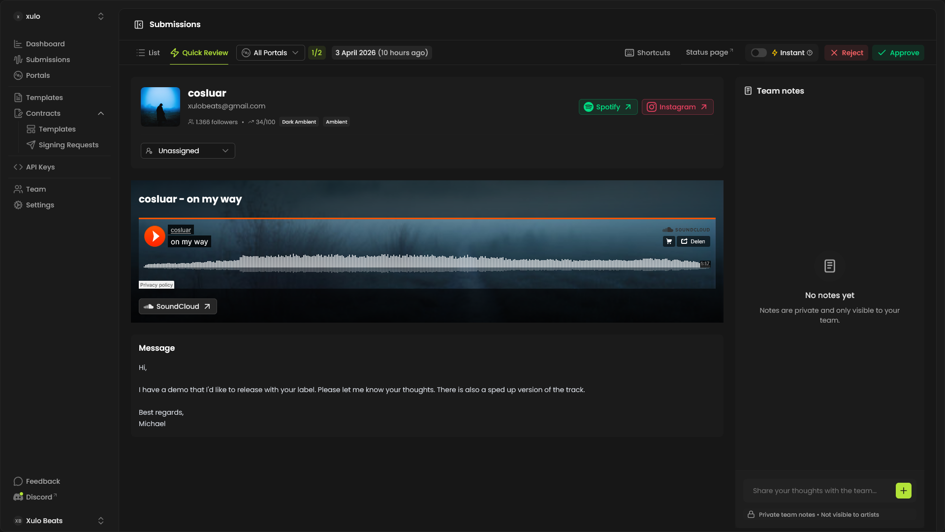 Demo submitted confirmation — artists see clear next steps after sending