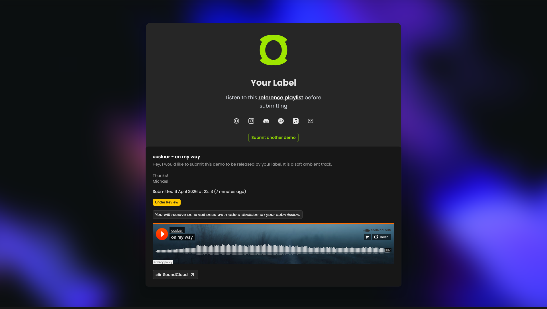 Artist-facing submission status page