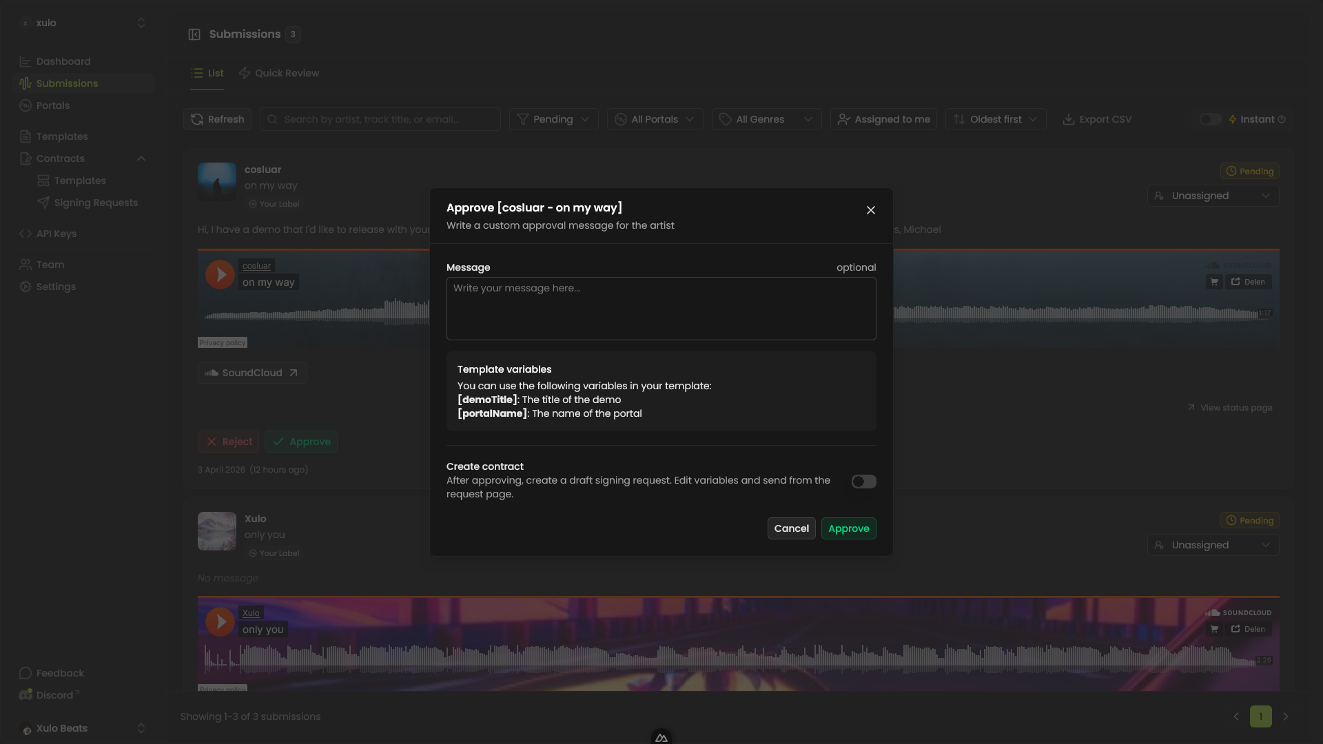 Approve submission modal with optional message and contract creation