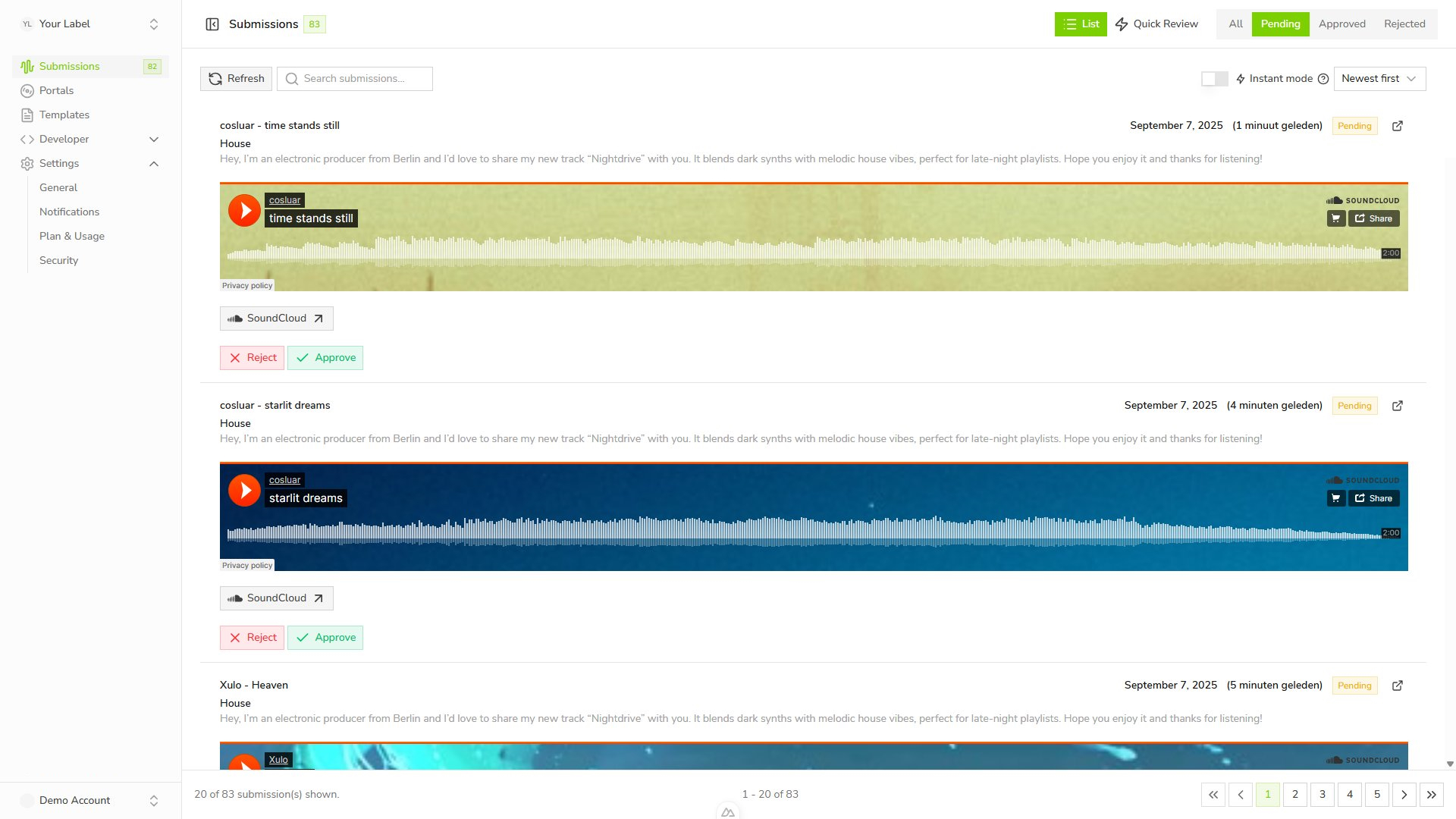 Submission list view example