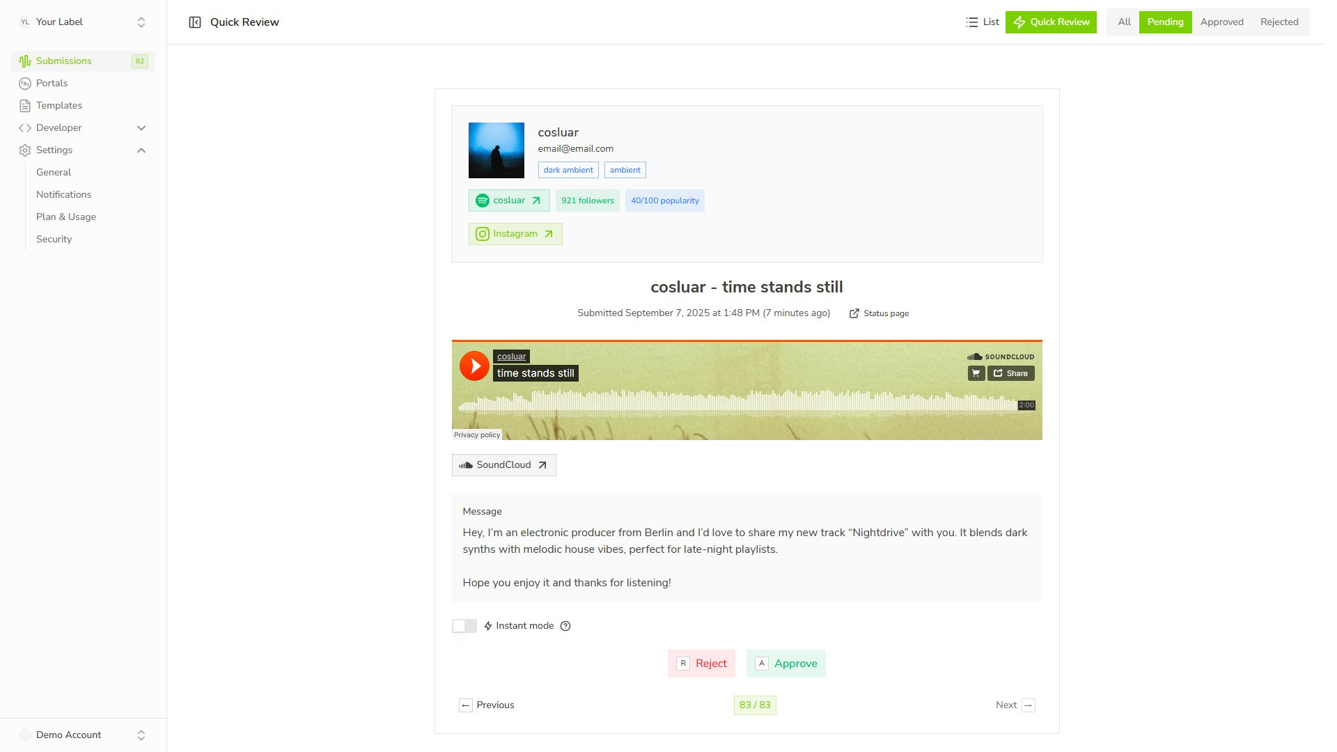 Submission quick view example